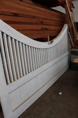 Ornate curved fanlight arch with slender vertical balusters under construction — heritage restoration work in progress at Marrickville Joinery. Heritage Curved Fanlight Arch in Progress