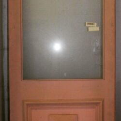 A solid timber door featuring a frosted glass panel insert, finished in a warm stained tone.
